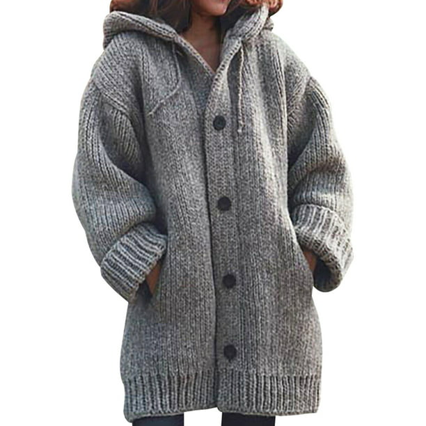 Women Winter Warm Hooded Knit Sweater Cardigan Coat Long Sleeve Outwear Jacket